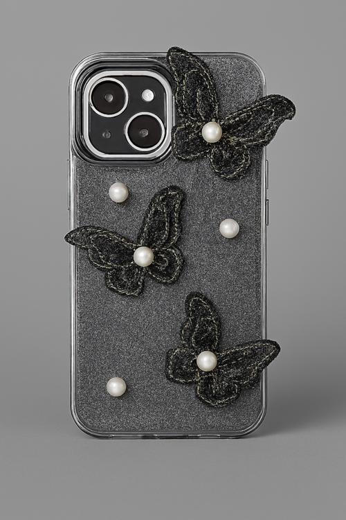 Iphone 16 - Elegant Black Butterfly Phone Case with Pearls and Sparkle